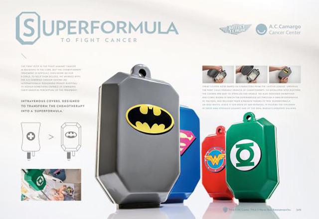 A poster that describes Superformula to fight cancer covers, which have superhero logos on the covers of chemo drips. There is a batman logo on the cover in the foreground. Photos and text explain how the cover is attached.

